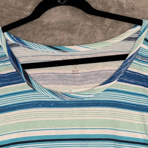 Woman Within 1X Shirt Top Blue Striped Short Sleeve Scoop Neck Cotton Blend Knit - Picture 3 of 7